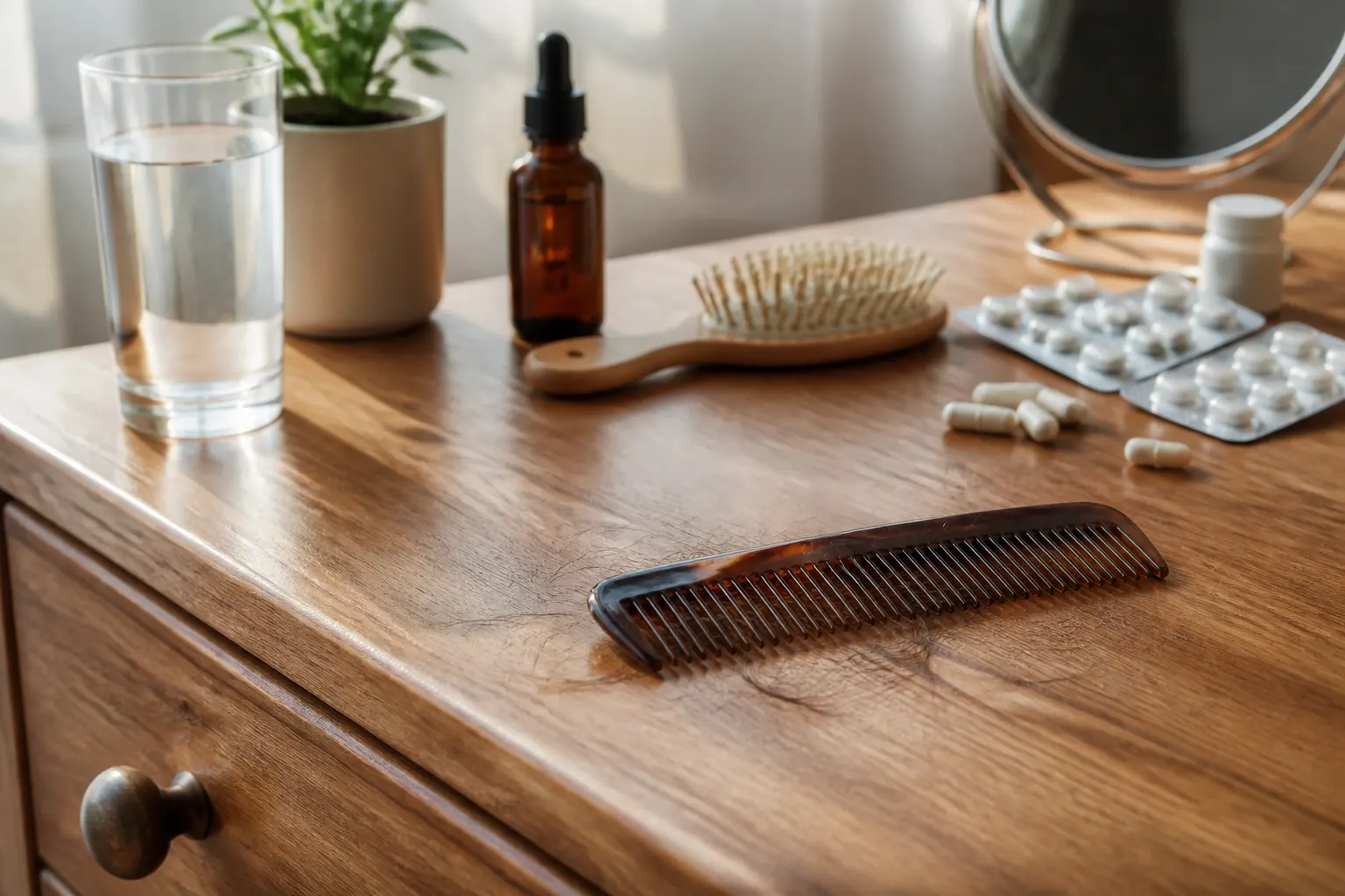 Educational still life representing factors discussed in hair loss care