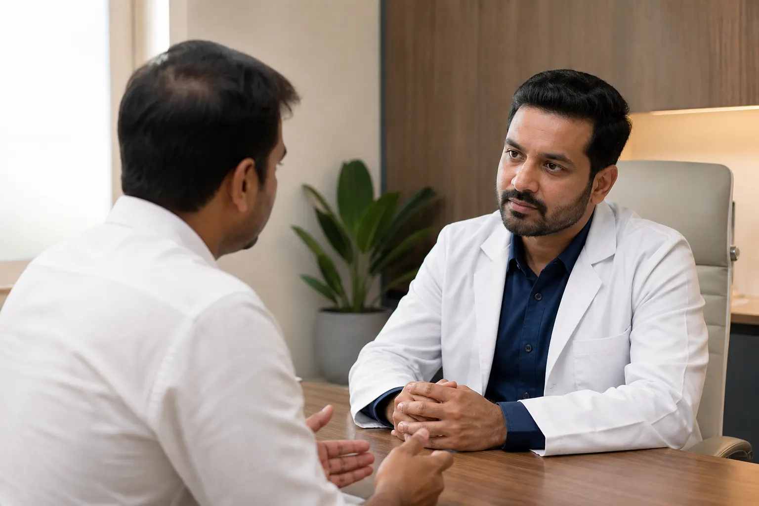 Doctor consulting a patient about hair thinning in a private clinic