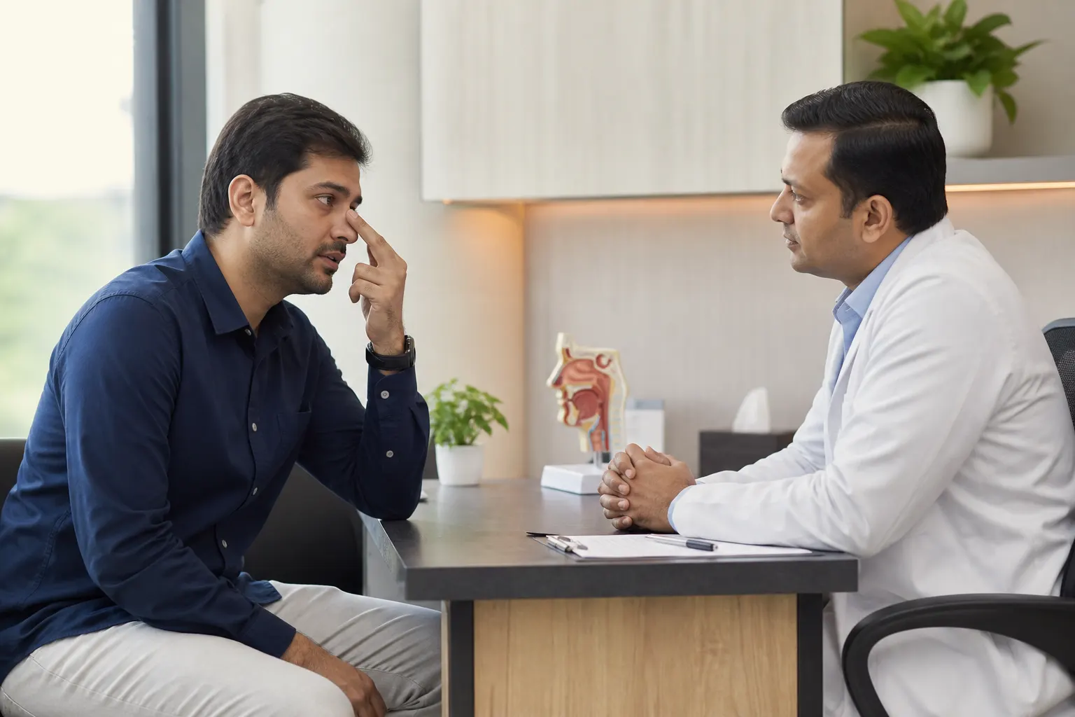 Doctor consulting a patient about sinus pressure in a private clinic
